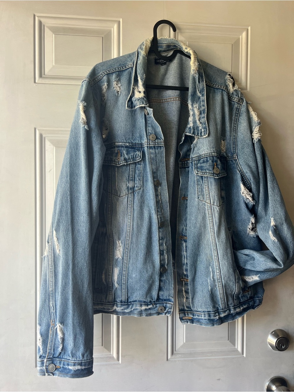 Fashion Nova Distressed Light Blue Oversized Denim Jacket